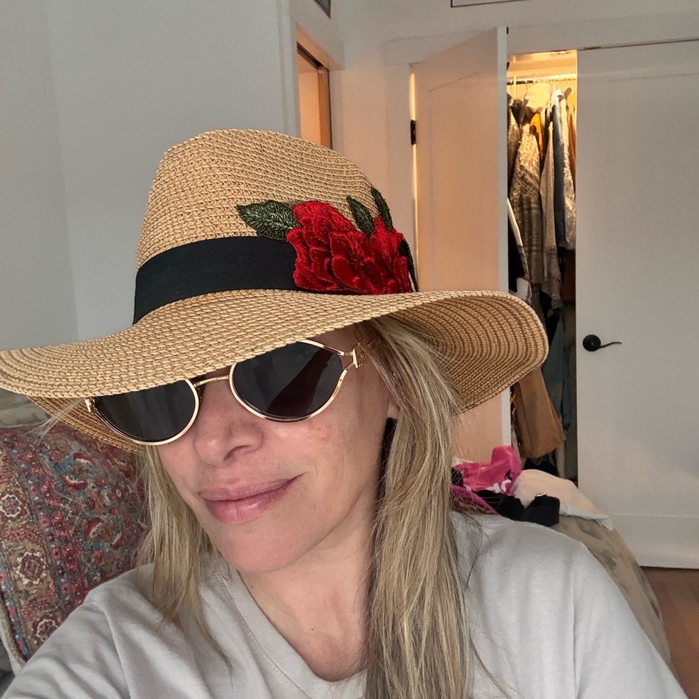 Straw Fedora Hat with Red Floral Embroidery - Women's Accessory